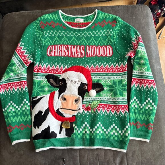 Holiday Time Christmas Moo Cow Ugly Sweater Green Red Medium M (38-40) Acrylic K - Picture 7 of 7